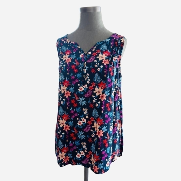 Women Top SONOMA Blue Multicolored Floral Print Loose Fit Sleeveless Blouse Top - Picture 3 of 6